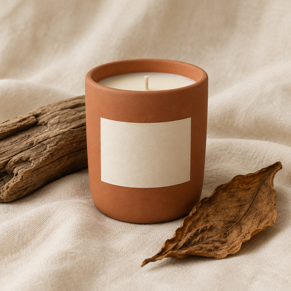 Tobacco & Teak soy candle in a terracotta vessel