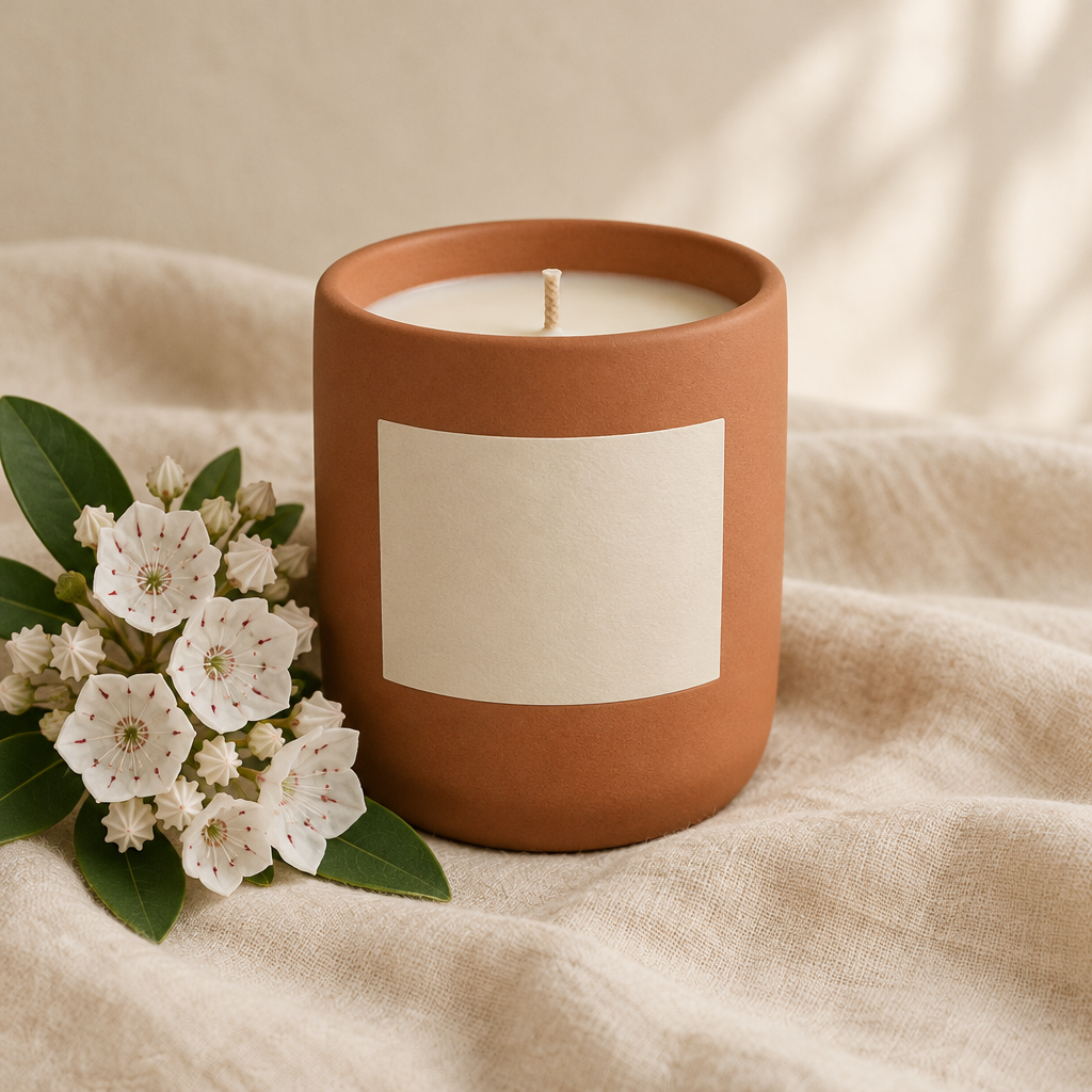 Mountain Laurel soy candle in a terracotta vessel