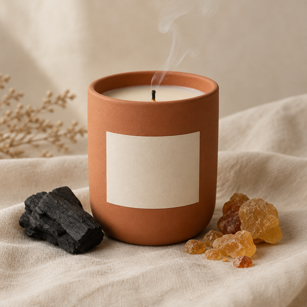 Woodsmoke & Amber soy candle in a terracotta vessel