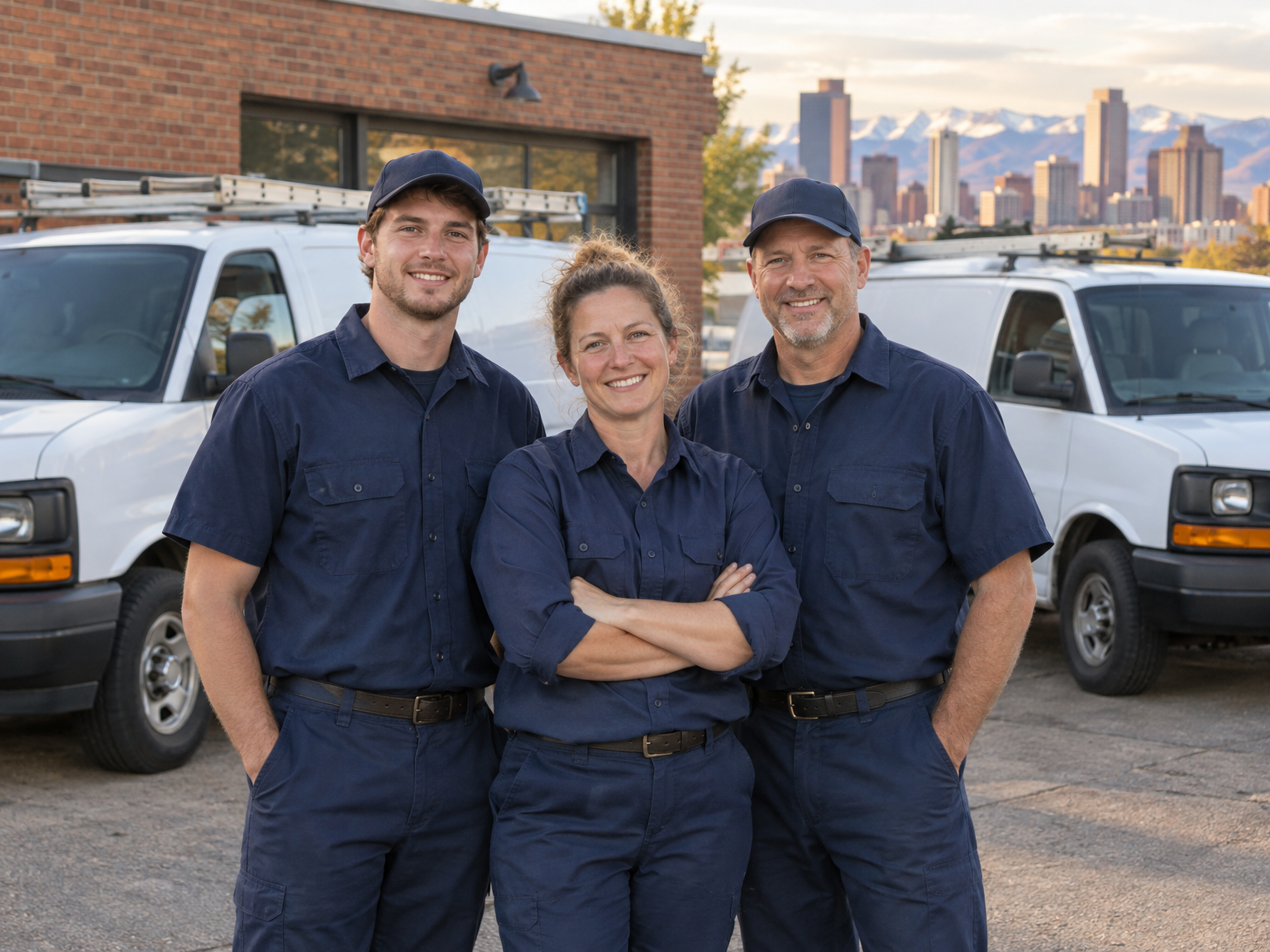 The three licensed plumbers of Northline Plumbing in front of their two service vans