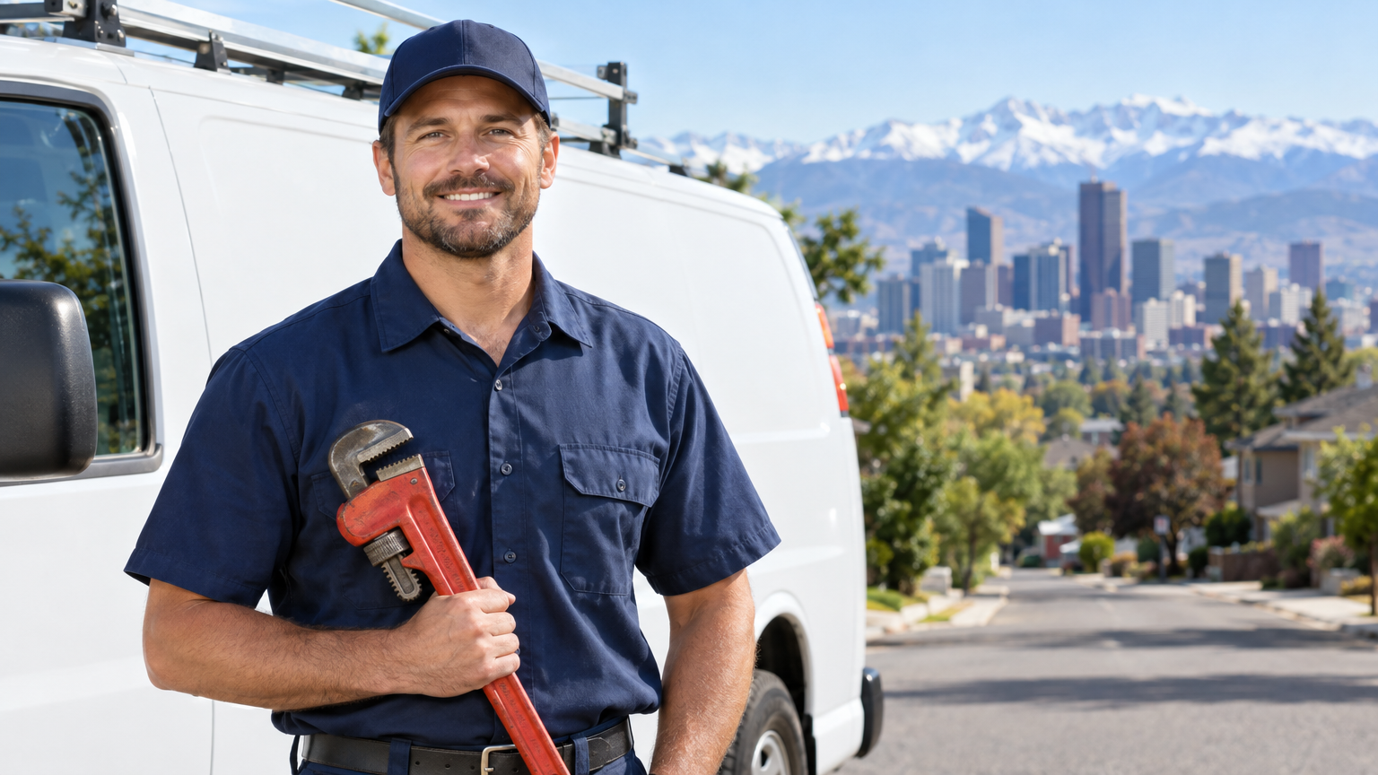 Northline Plumbing technician with a pipe wrench beside a service van, Denver skyline in the background