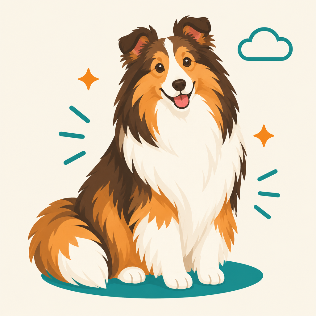 Illustration of a freshly groomed white puppy wearing an orange paw-print bandana