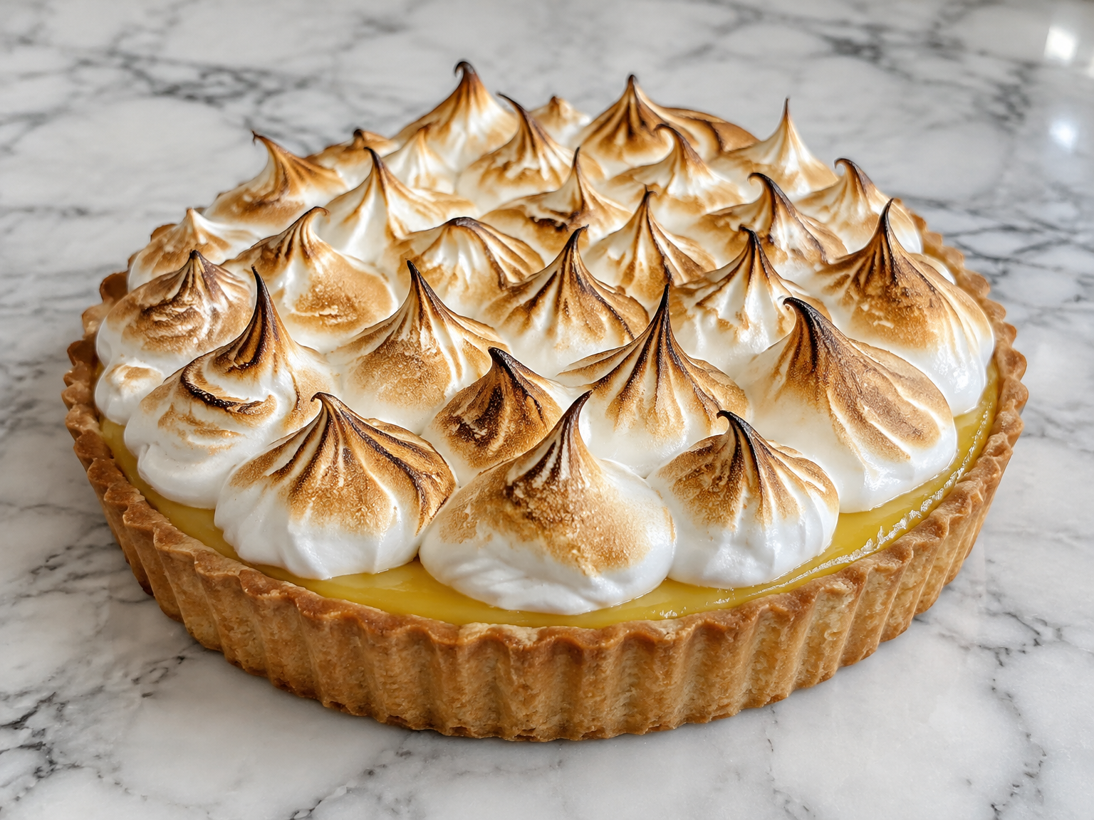 Lemon meringue tart with torched peaks on a marble counter