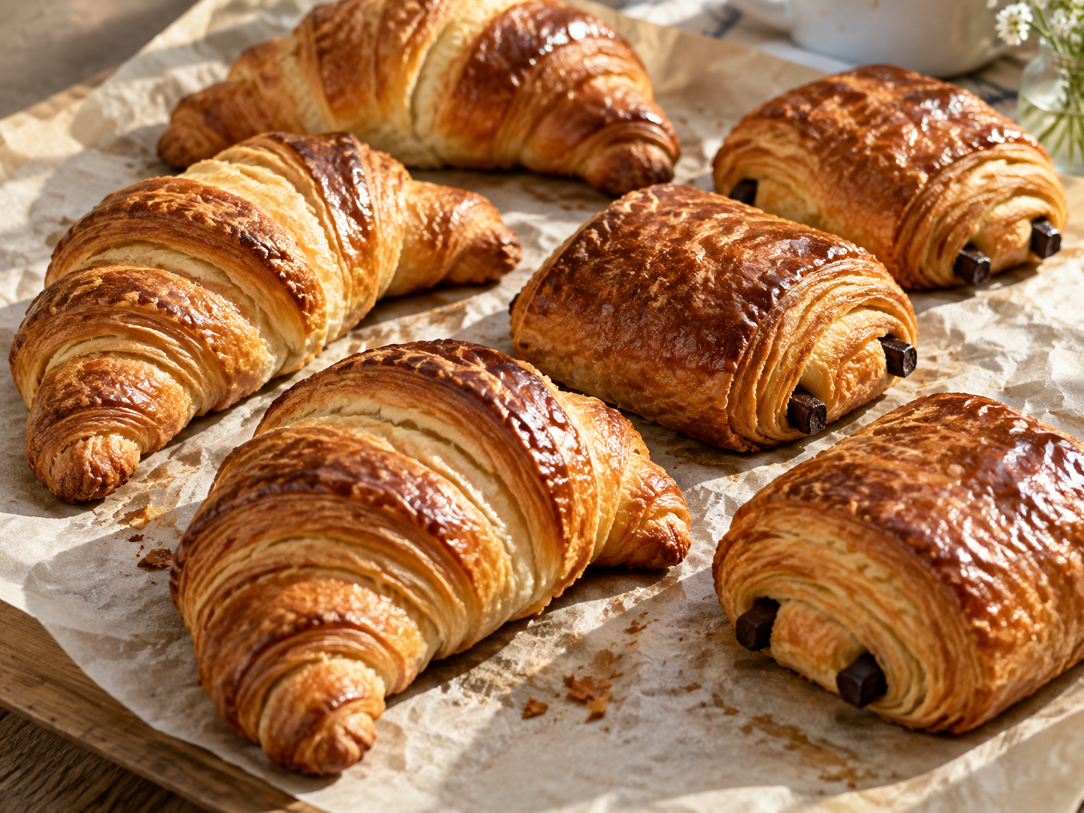 Golden buttery croissants on parchment paper