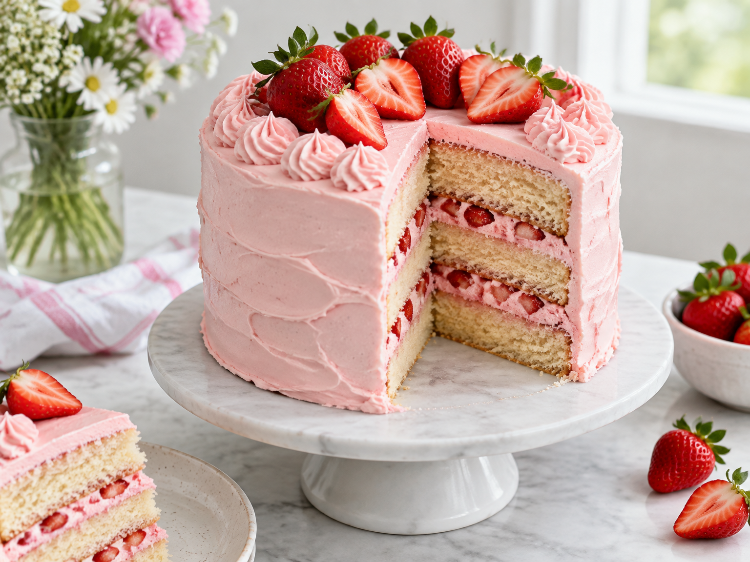 Strawberry layer cake with pink buttercream on a marble stand