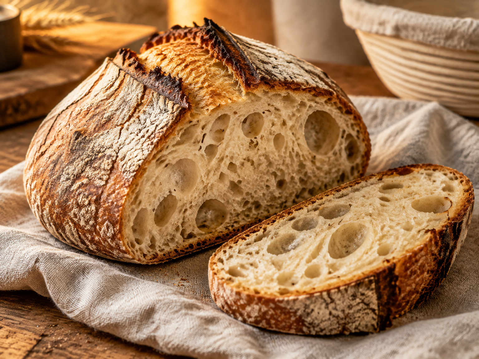 Rustic sourdough loaf with an open crumb on linen
