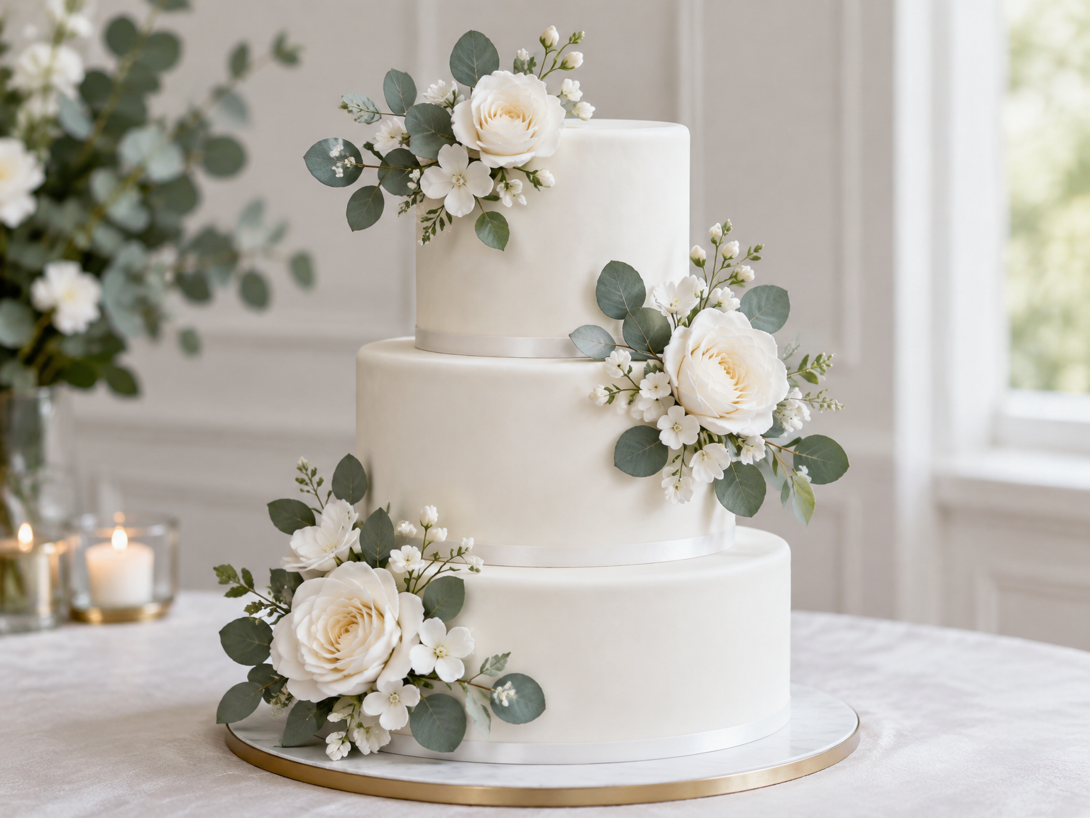Three-tier white wedding cake with sugar roses and eucalyptus